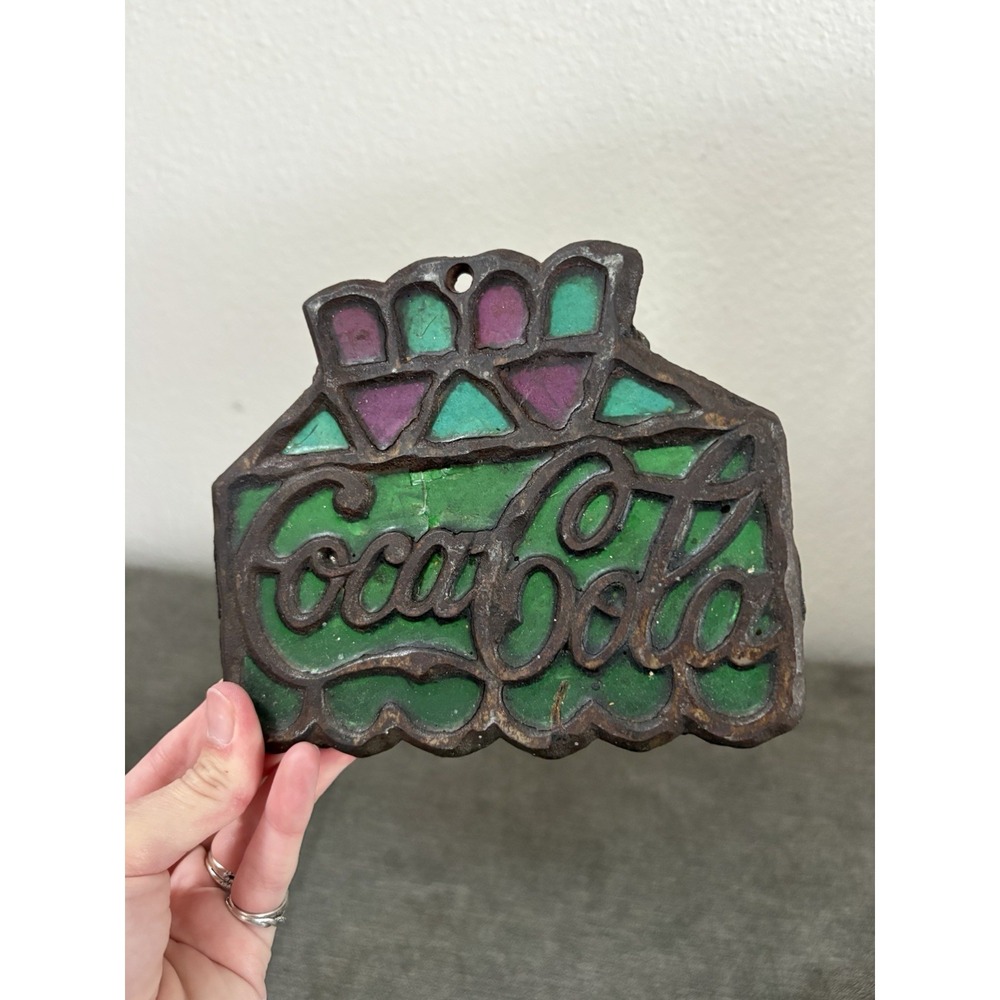 Vintage Coca Cola Stained Glass Like Cast Iron Hot Plate Trivet Wall Hanger